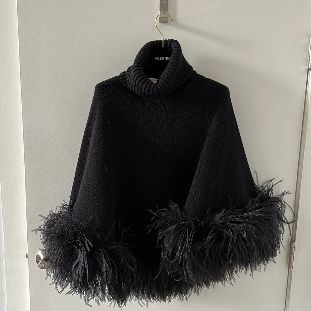 Valentino feather trimmed wool cape